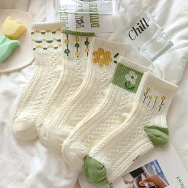 5 Pairs Retro Floral Socks Texture Solid Socks