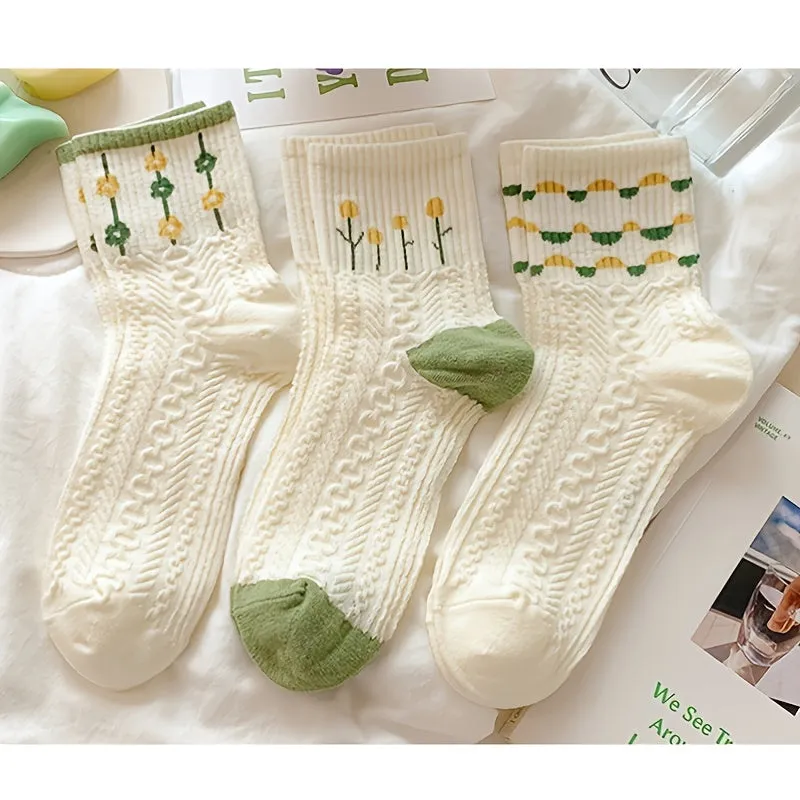 5 Pairs Retro Floral Socks Texture Solid Socks