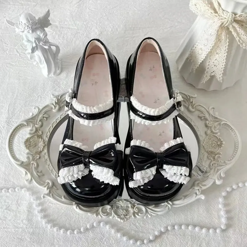 Advbridge Japanese Sweet Girl Single Shoes Original Luo Shoes Cute Bow Lace Middle Heel Lolita Tea Party Single Shoes