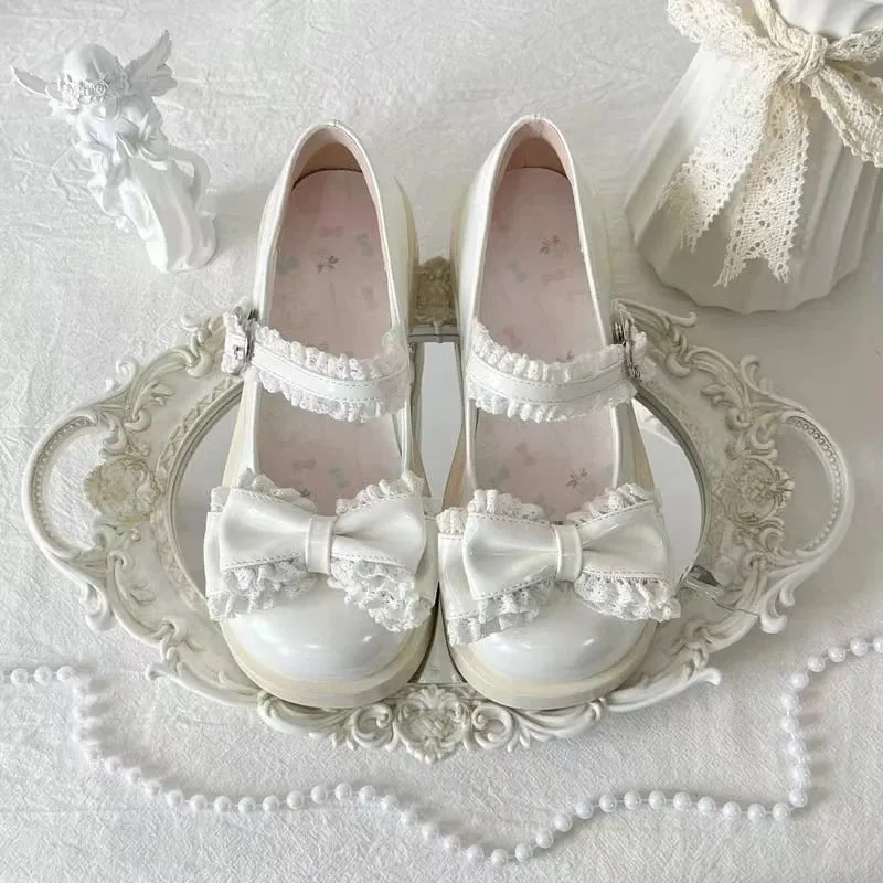 Advbridge Japanese Sweet Girl Single Shoes Original Luo Shoes Cute Bow Lace Middle Heel Lolita Tea Party Single Shoes