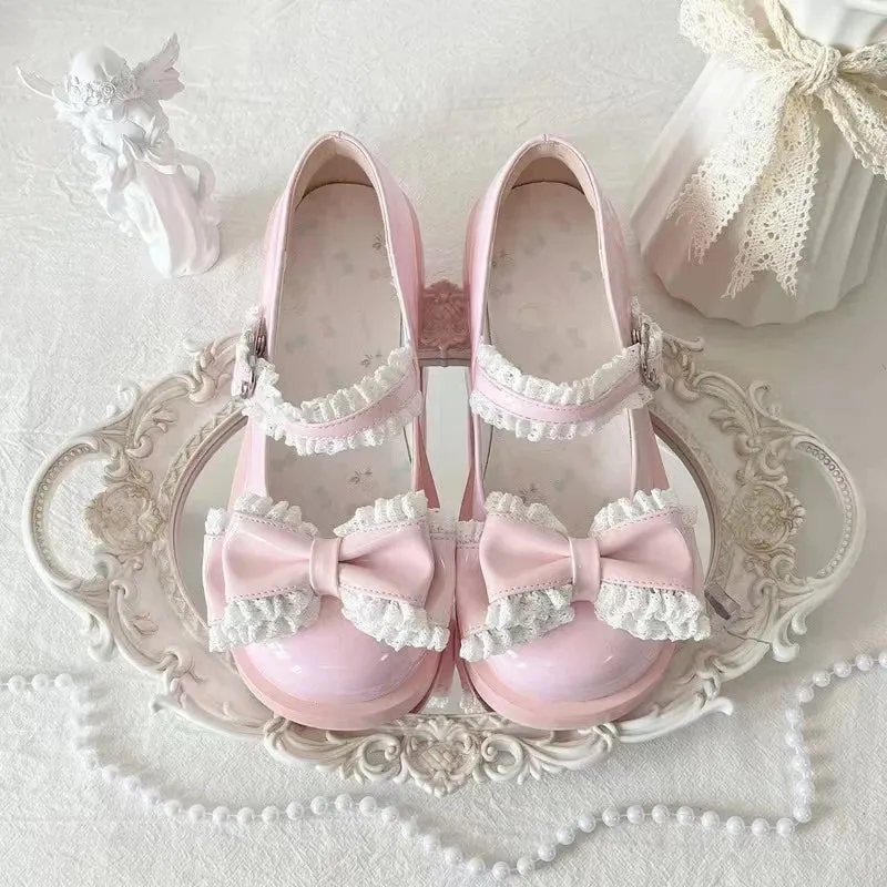 Advbridge Japanese Sweet Girl Single Shoes Original Luo Shoes Cute Bow Lace Middle Heel Lolita Tea Party Single Shoes