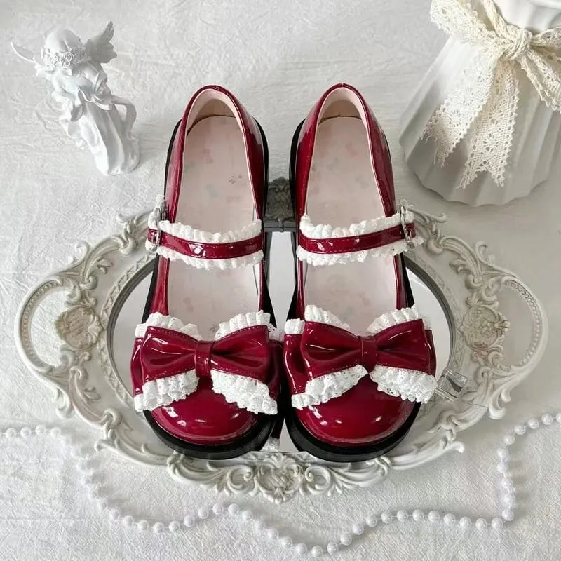 Advbridge Japanese Sweet Girl Single Shoes Original Luo Shoes Cute Bow Lace Middle Heel Lolita Tea Party Single Shoes