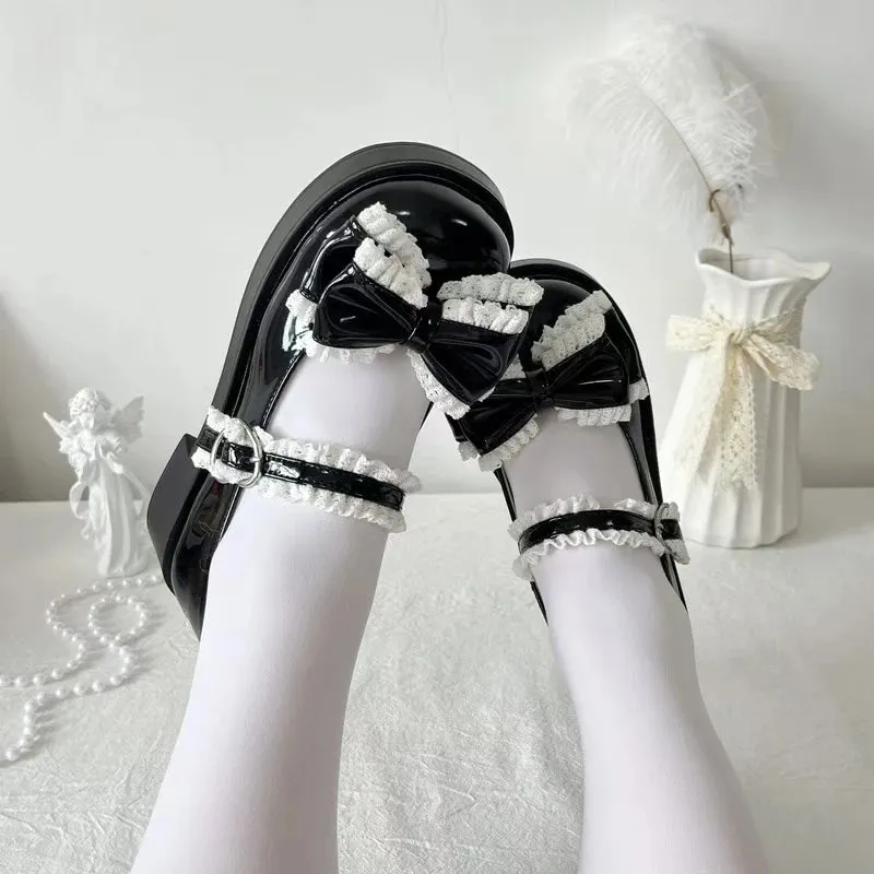 Advbridge Japanese Sweet Girl Single Shoes Original Luo Shoes Cute Bow Lace Middle Heel Lolita Tea Party Single Shoes