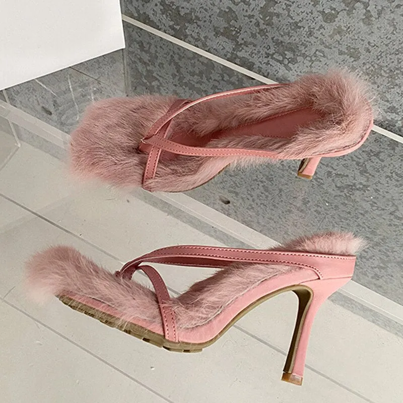 Advbridge New Style Faux Fur Women's Thin Heels Flip Flops Slippers Sandals Square Open Toed High Quality Fuzzy Slides Shoes