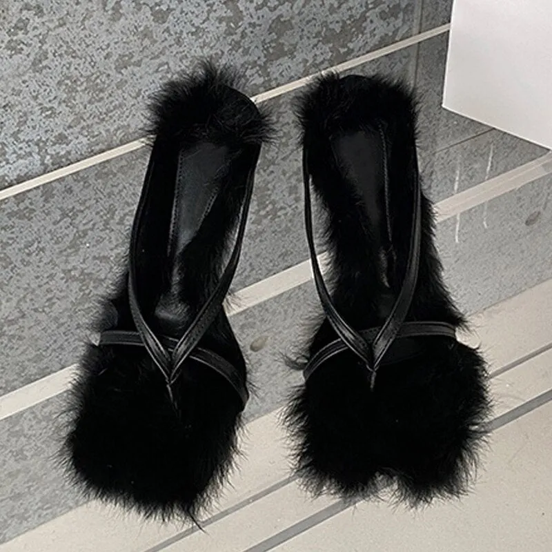 Advbridge New Style Faux Fur Women's Thin Heels Flip Flops Slippers Sandals Square Open Toed High Quality Fuzzy Slides Shoes