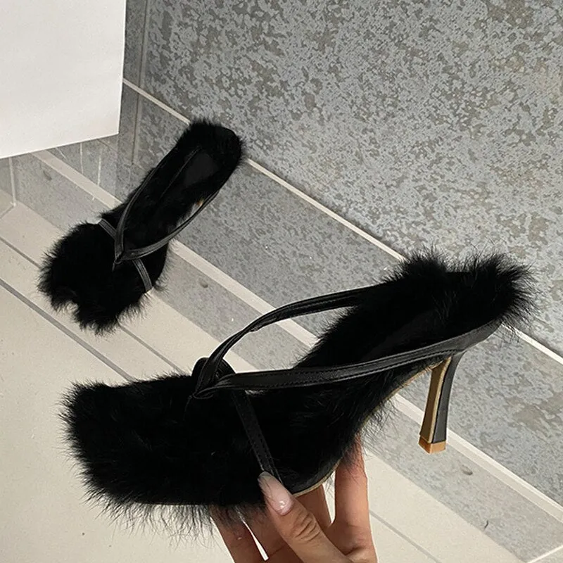 Advbridge New Style Faux Fur Women's Thin Heels Flip Flops Slippers Sandals Square Open Toed High Quality Fuzzy Slides Shoes