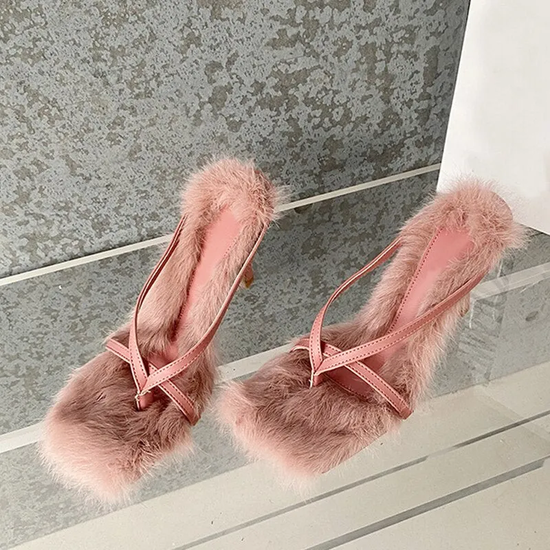 Advbridge New Style Faux Fur Women's Thin Heels Flip Flops Slippers Sandals Square Open Toed High Quality Fuzzy Slides Shoes