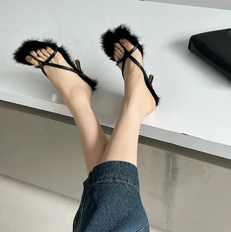 Advbridge New Style Faux Fur Women's Thin Heels Flip Flops Slippers Sandals Square Open Toed High Quality Fuzzy Slides Shoes