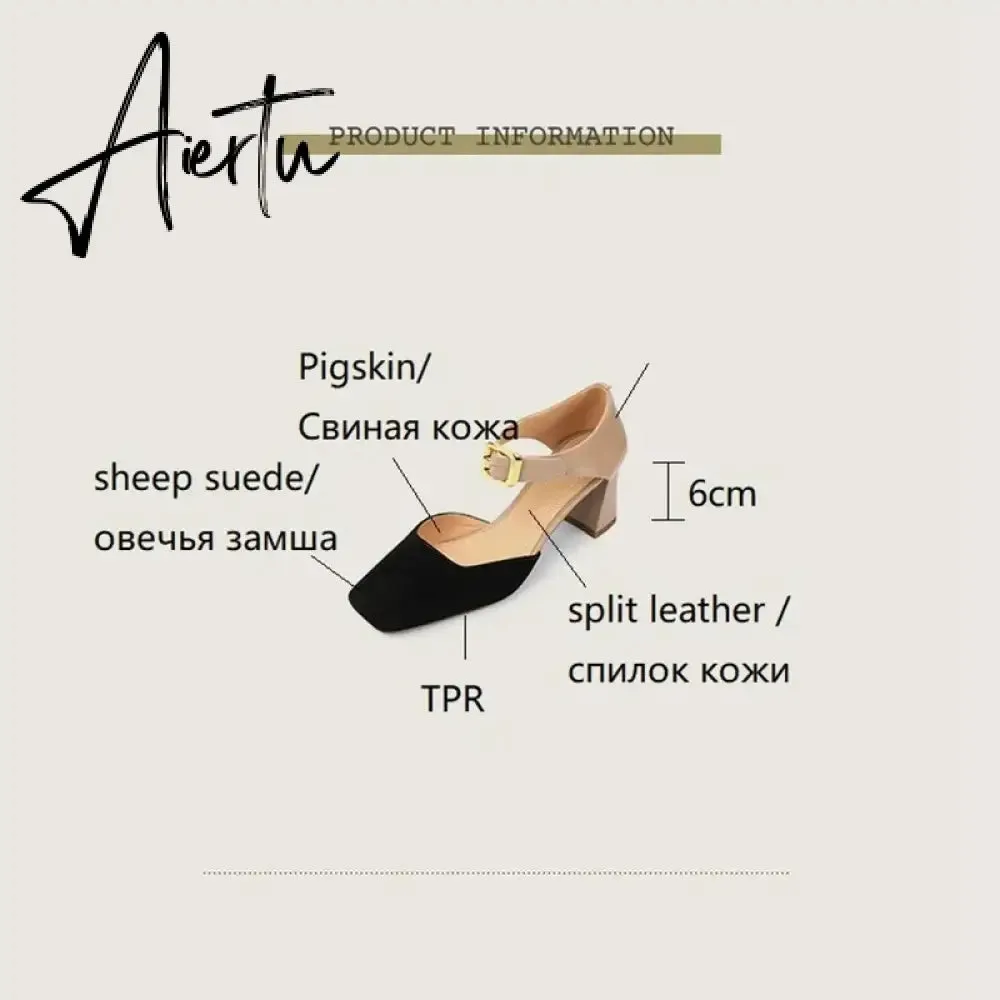 Aiertu Sheep Suede Leather Shoes Women Summer/Spring Women Sandals Square Toe High Heels Cover Heel Shoes for Women Retro Mary Janes