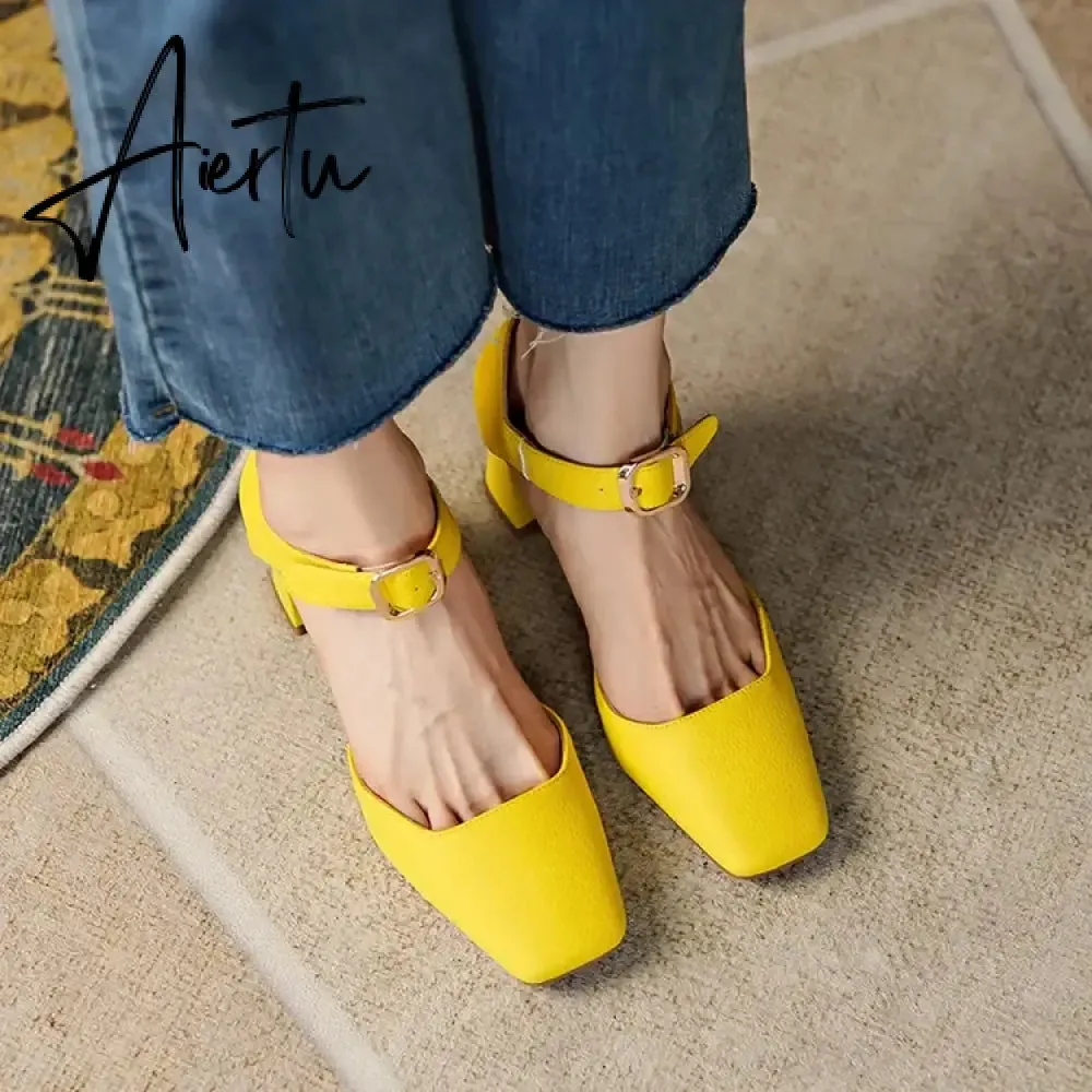 Aiertu Sheep Suede Leather Shoes Women Summer/Spring Women Sandals Square Toe High Heels Cover Heel Shoes for Women Retro Mary Janes