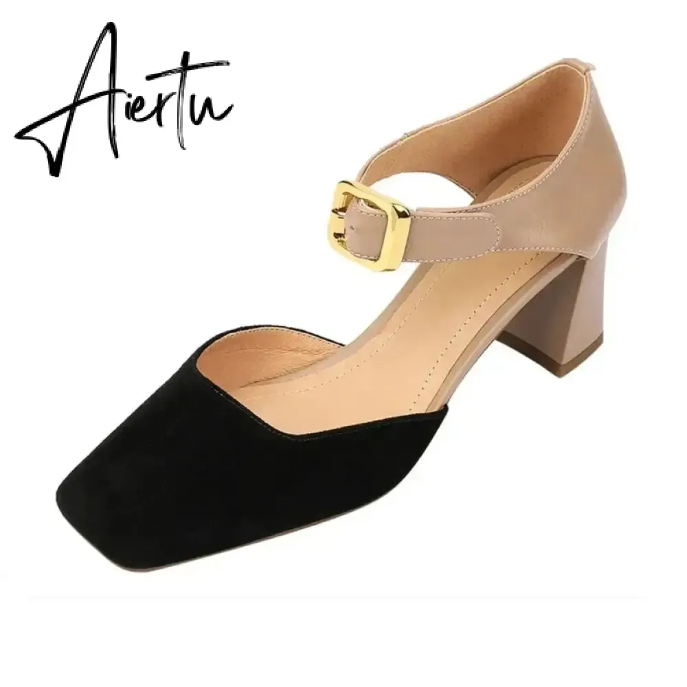 Aiertu Sheep Suede Leather Shoes Women Summer/Spring Women Sandals Square Toe High Heels Cover Heel Shoes for Women Retro Mary Janes