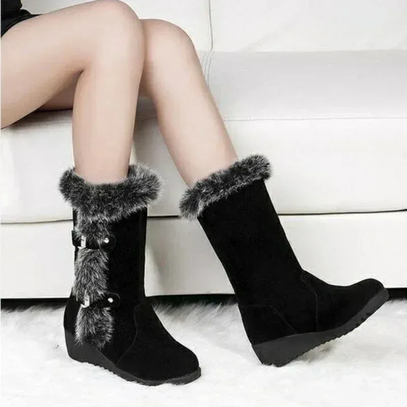 Alaska Womens Fur Snow Boots - Warm Mid Calf Winter Shoes