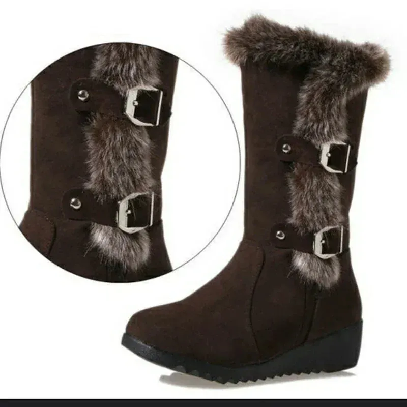 Alaska Womens Fur Snow Boots - Warm Mid Calf Winter Shoes