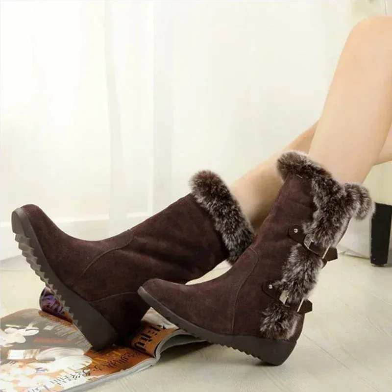 Alaska Womens Fur Snow Boots - Warm Mid Calf Winter Shoes