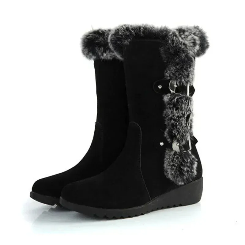 Alaska Womens Fur Snow Boots - Warm Mid Calf Winter Shoes