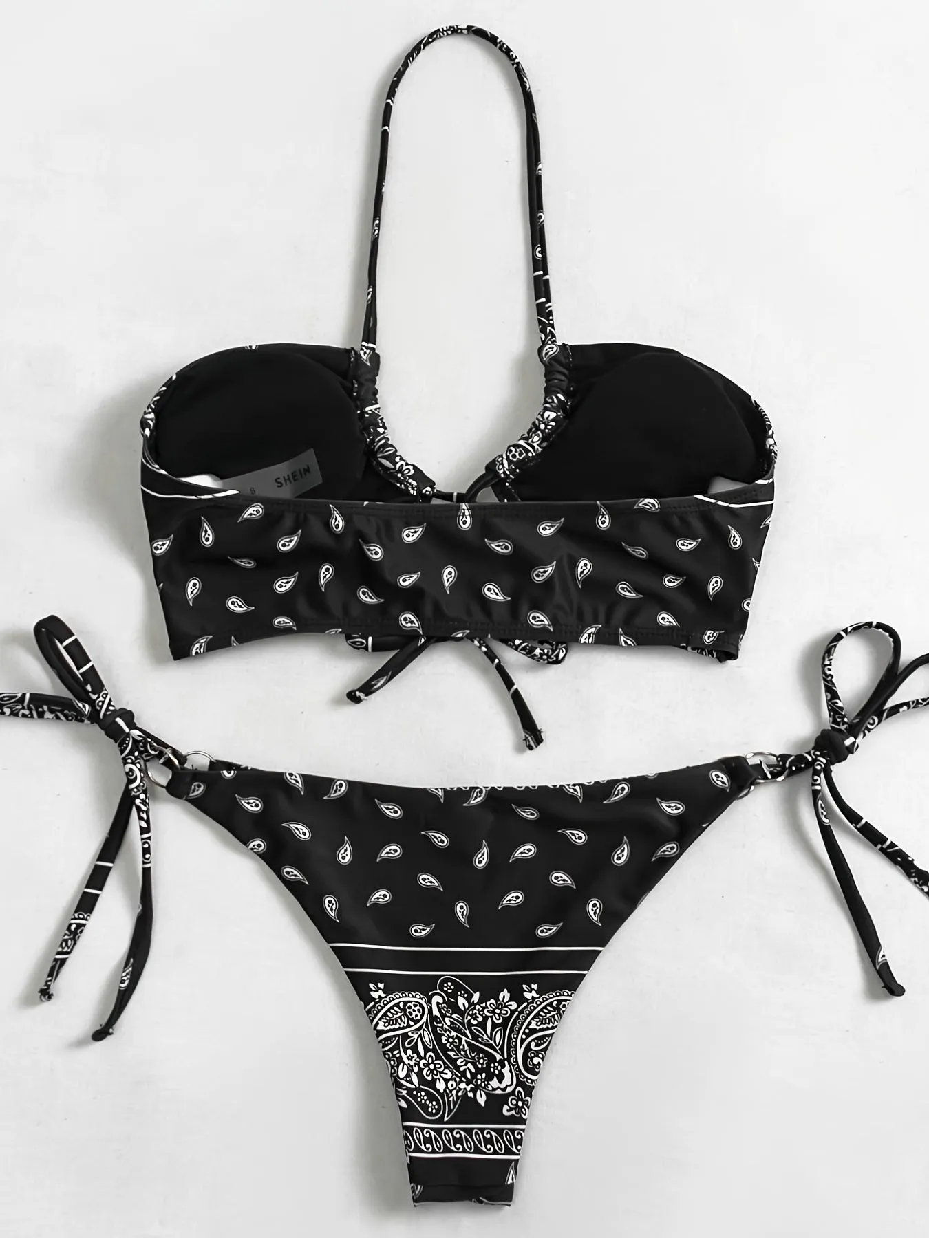 All Over Print Tie Centre Core Halter Neck Tie Side High Cut Ring-linked Black Color Base Two Piece Bikini Sets Swimsuit