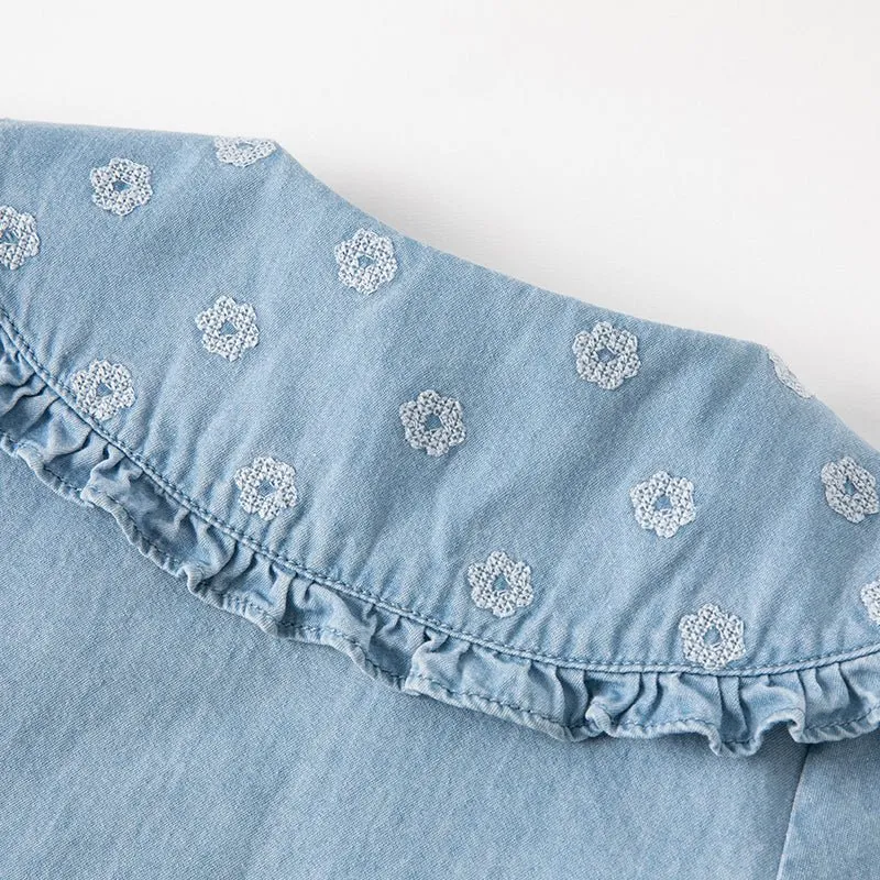 Bib Collar Flower Embroidery Girl Blue Denim Shirt