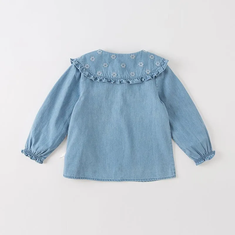 Bib Collar Flower Embroidery Girl Blue Denim Shirt