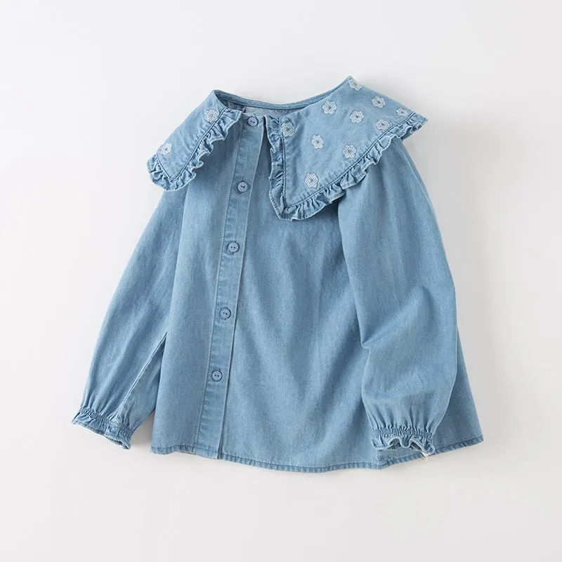 Bib Collar Flower Embroidery Girl Blue Denim Shirt