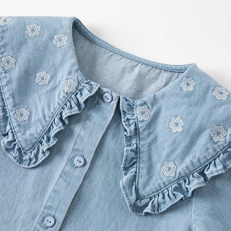 Bib Collar Flower Embroidery Girl Blue Denim Shirt