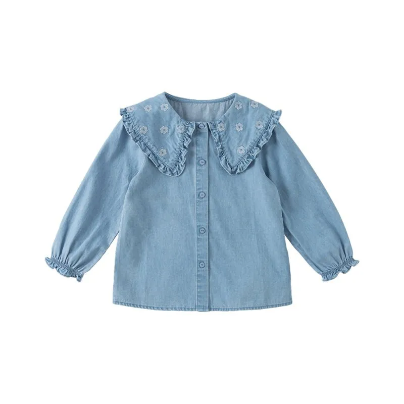 Bib Collar Flower Embroidery Girl Blue Denim Shirt