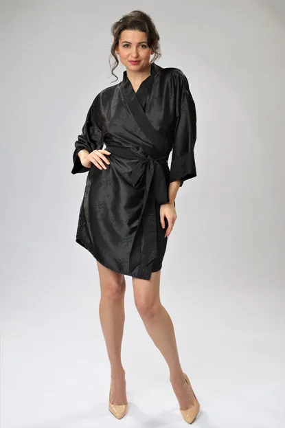 BlissSleep Silk-Jacquard Kimono Robe Black