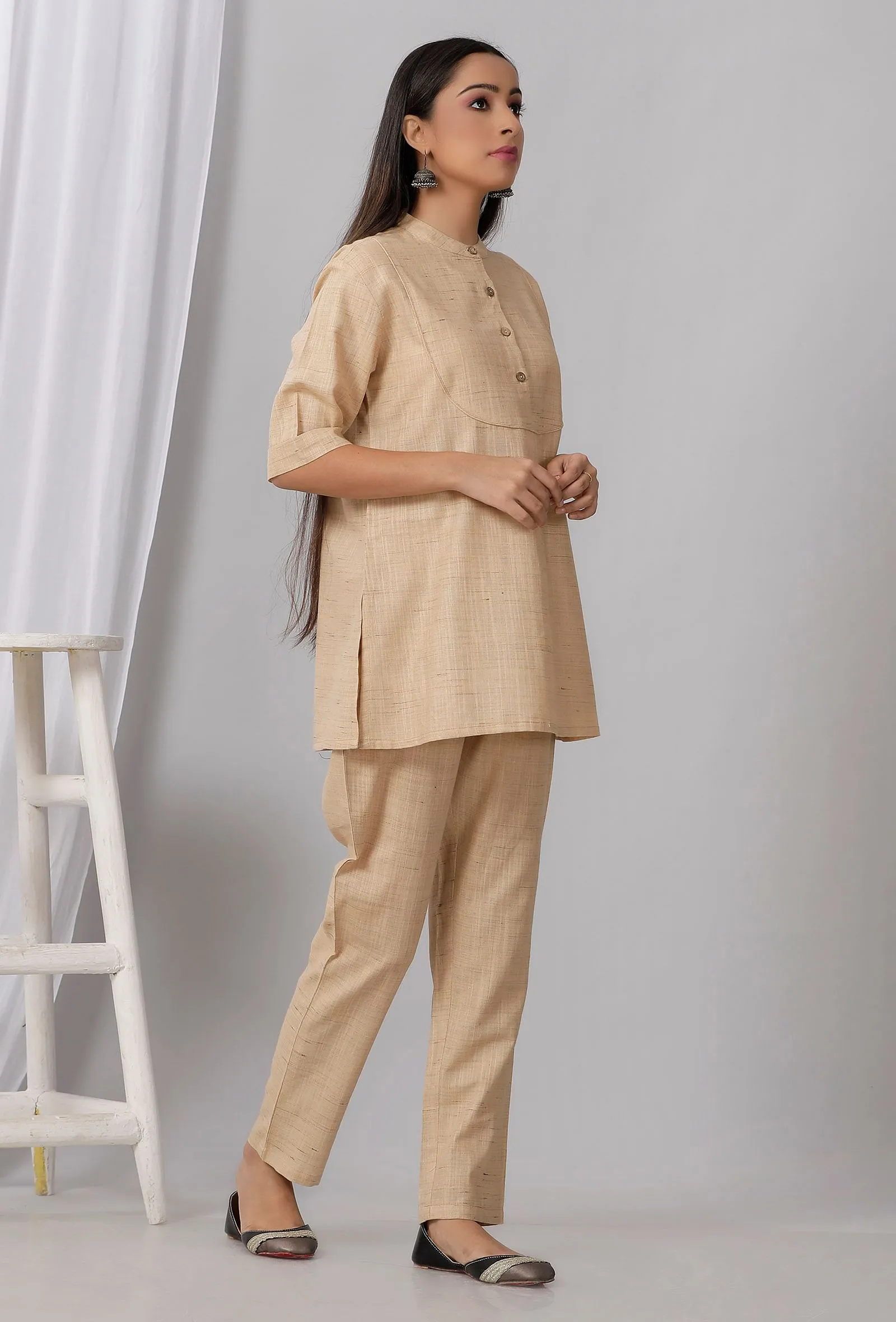 Brown Cotton Khadi Short Kurta