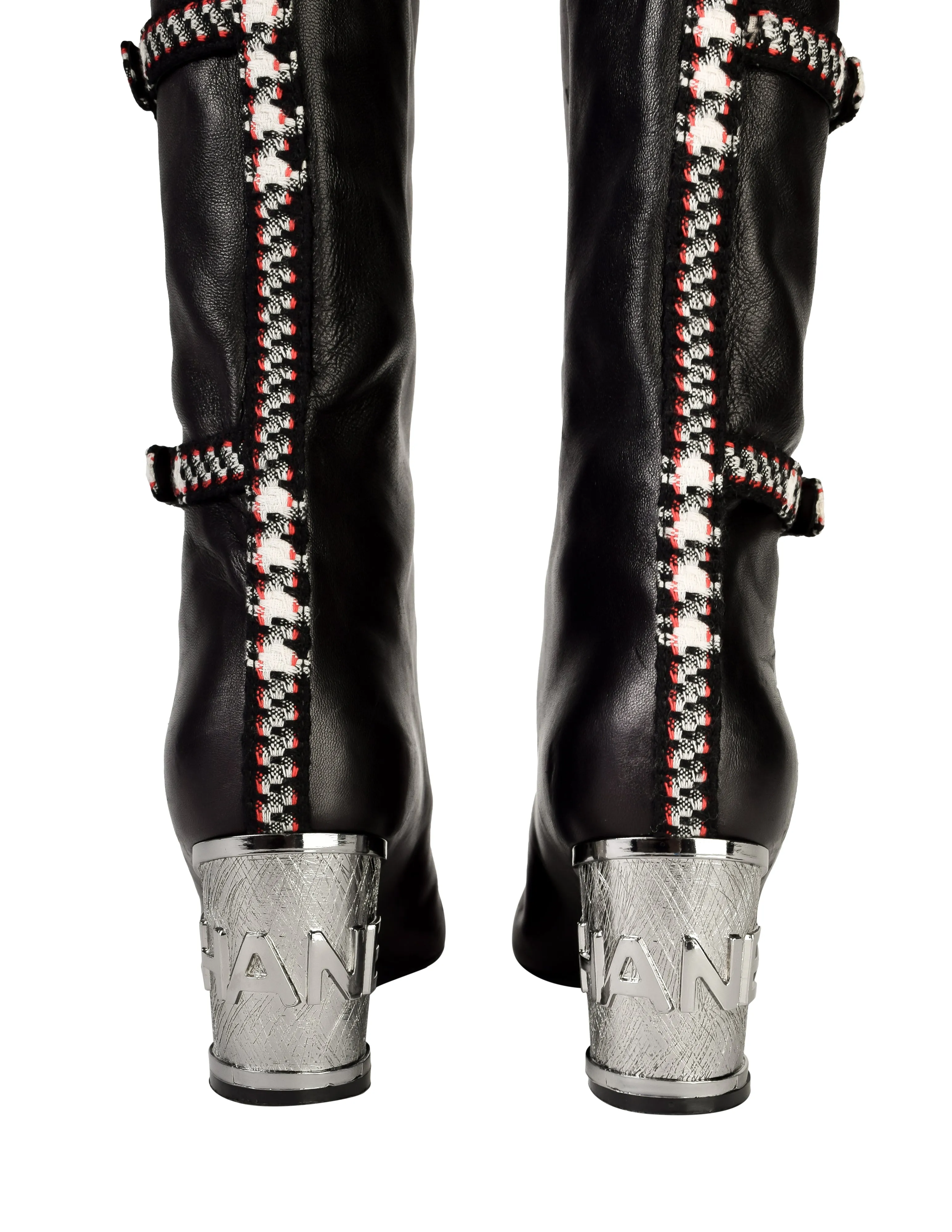 Chanel Vintage AW 2007 Black Lambskin Leather Tweed Detail Silver Metal Logo Heel Thigh High Boots