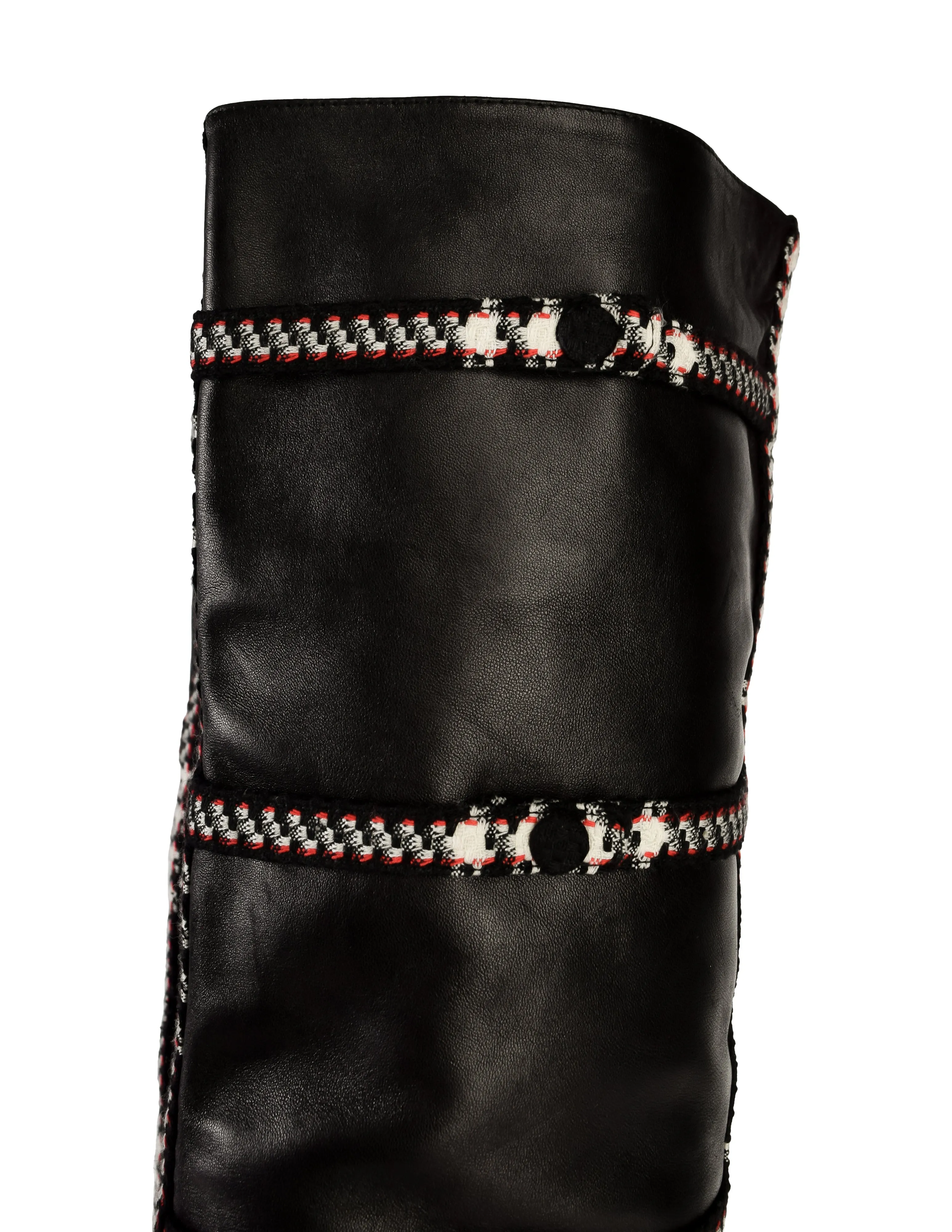 Chanel Vintage AW 2007 Black Lambskin Leather Tweed Detail Silver Metal Logo Heel Thigh High Boots