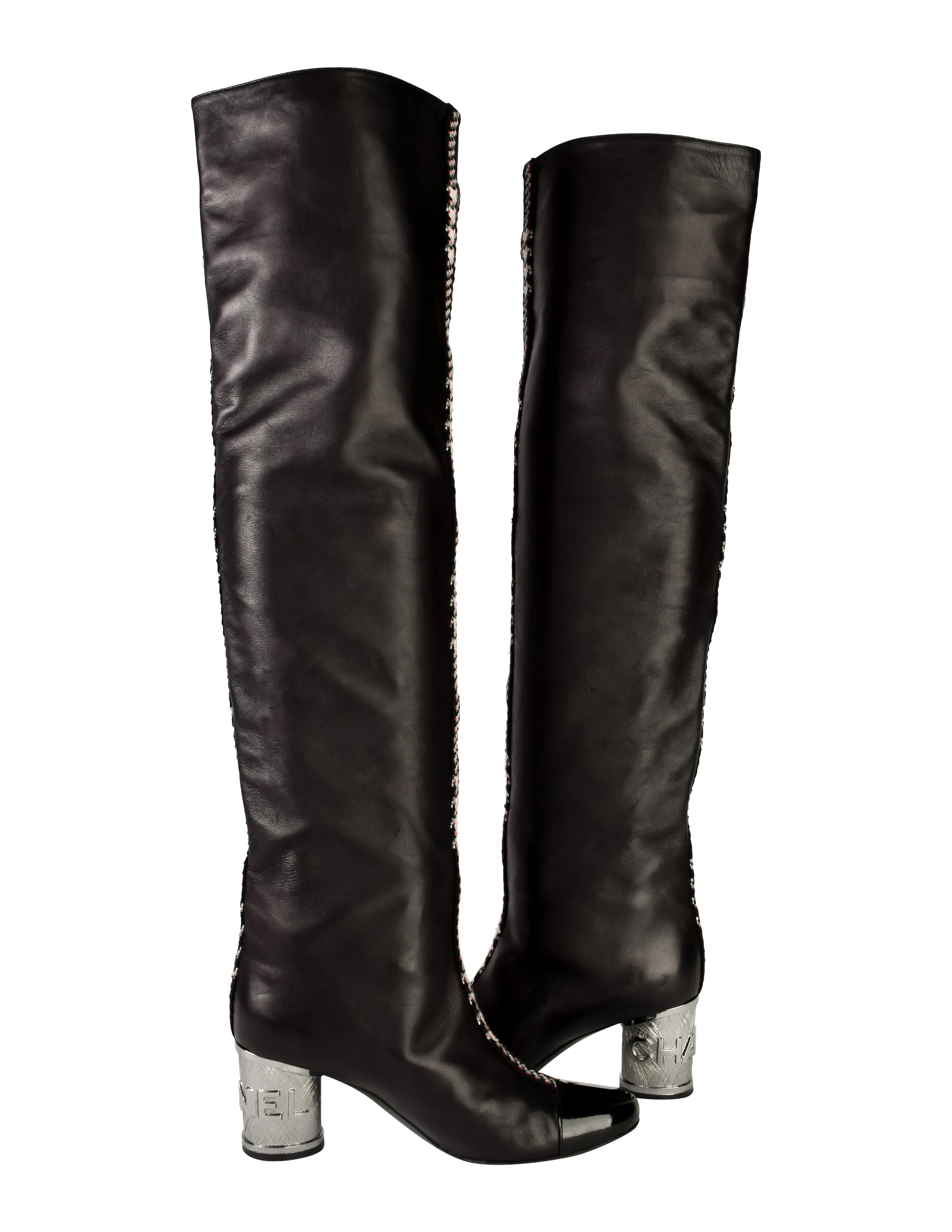 Chanel Vintage AW 2007 Black Lambskin Leather Tweed Detail Silver Metal Logo Heel Thigh High Boots