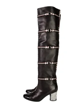 Chanel Vintage AW 2007 Black Lambskin Leather Tweed Detail Silver Metal Logo Heel Thigh High Boots