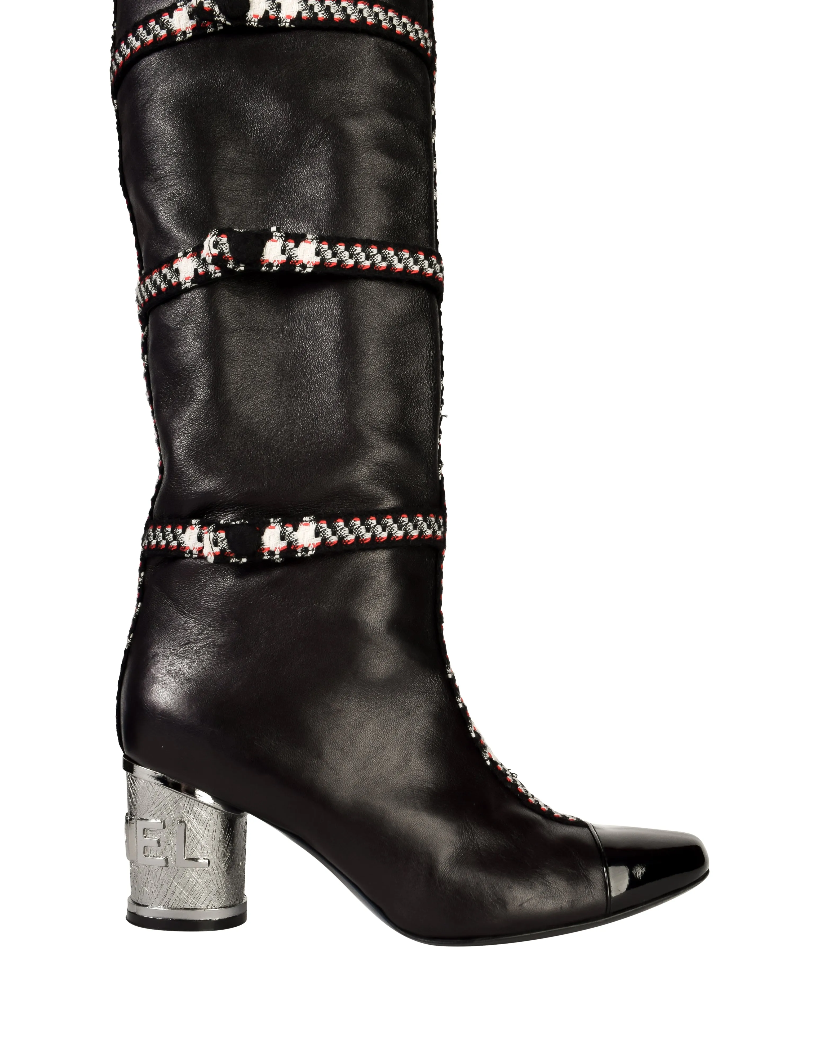 Chanel Vintage AW 2007 Black Lambskin Leather Tweed Detail Silver Metal Logo Heel Thigh High Boots