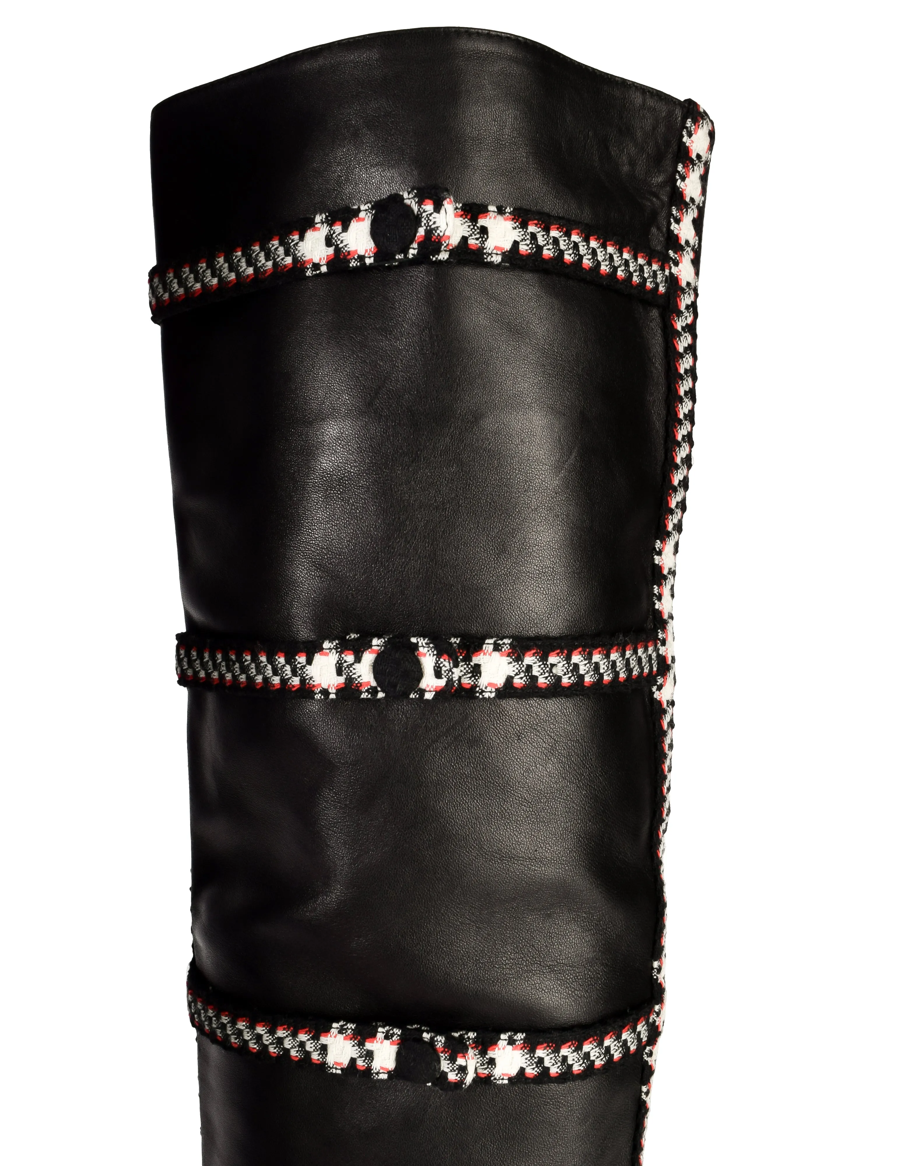 Chanel Vintage AW 2007 Black Lambskin Leather Tweed Detail Silver Metal Logo Heel Thigh High Boots