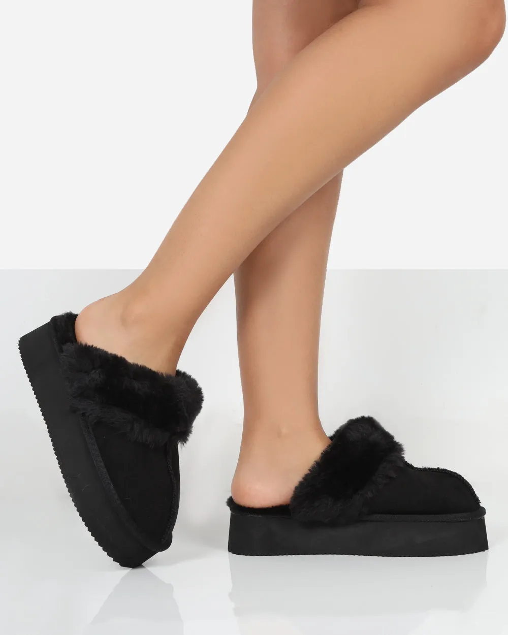 Cosy Black Faux Suede Platform Slider Slipper