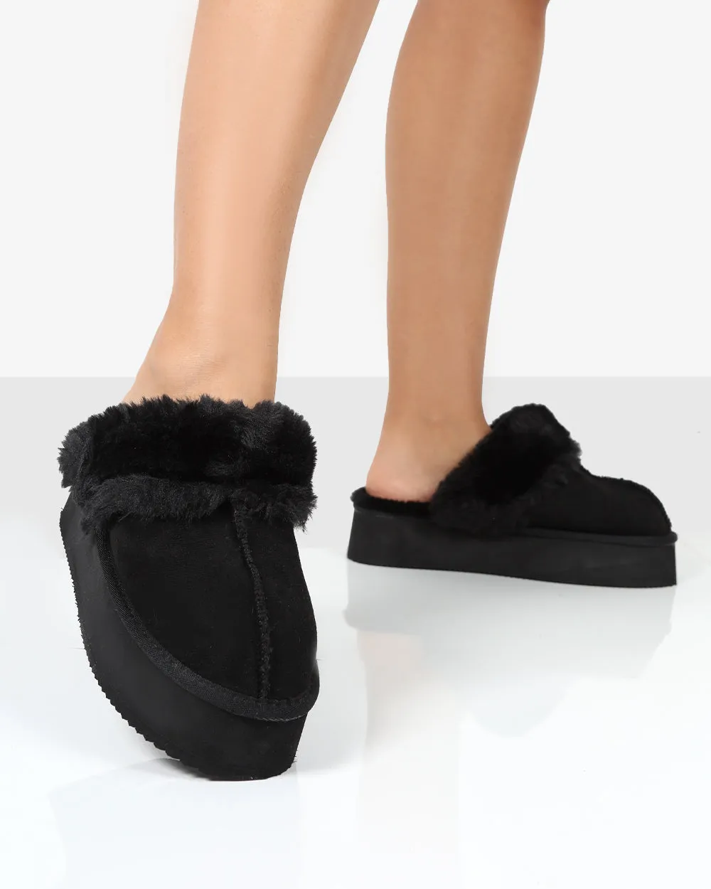 Cosy Black Faux Suede Platform Slider Slipper