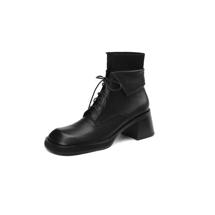 deanwangkt  Autumn Shoes   NEW Fall Shoes Women Genuine Leather Ankle Boots Round Toe Chunky Shoes for Women Winter Thick Heel Boots Lace Up Black Boots