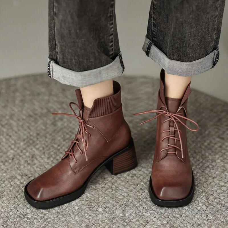 deanwangkt  Autumn Shoes   NEW Fall Shoes Women Genuine Leather Ankle Boots Round Toe Chunky Shoes for Women Winter Thick Heel Boots Lace Up Black Boots