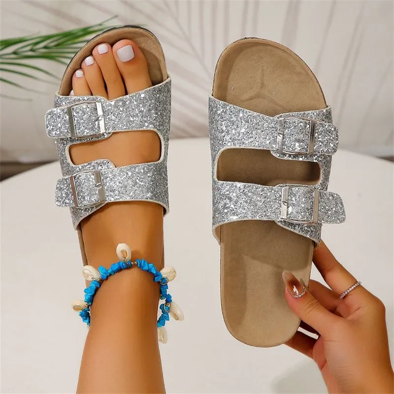 Double Buckle Sandals For Women New Fashion Sequined Beach Shoes Summer Leisure Outdoor Slippers Slides