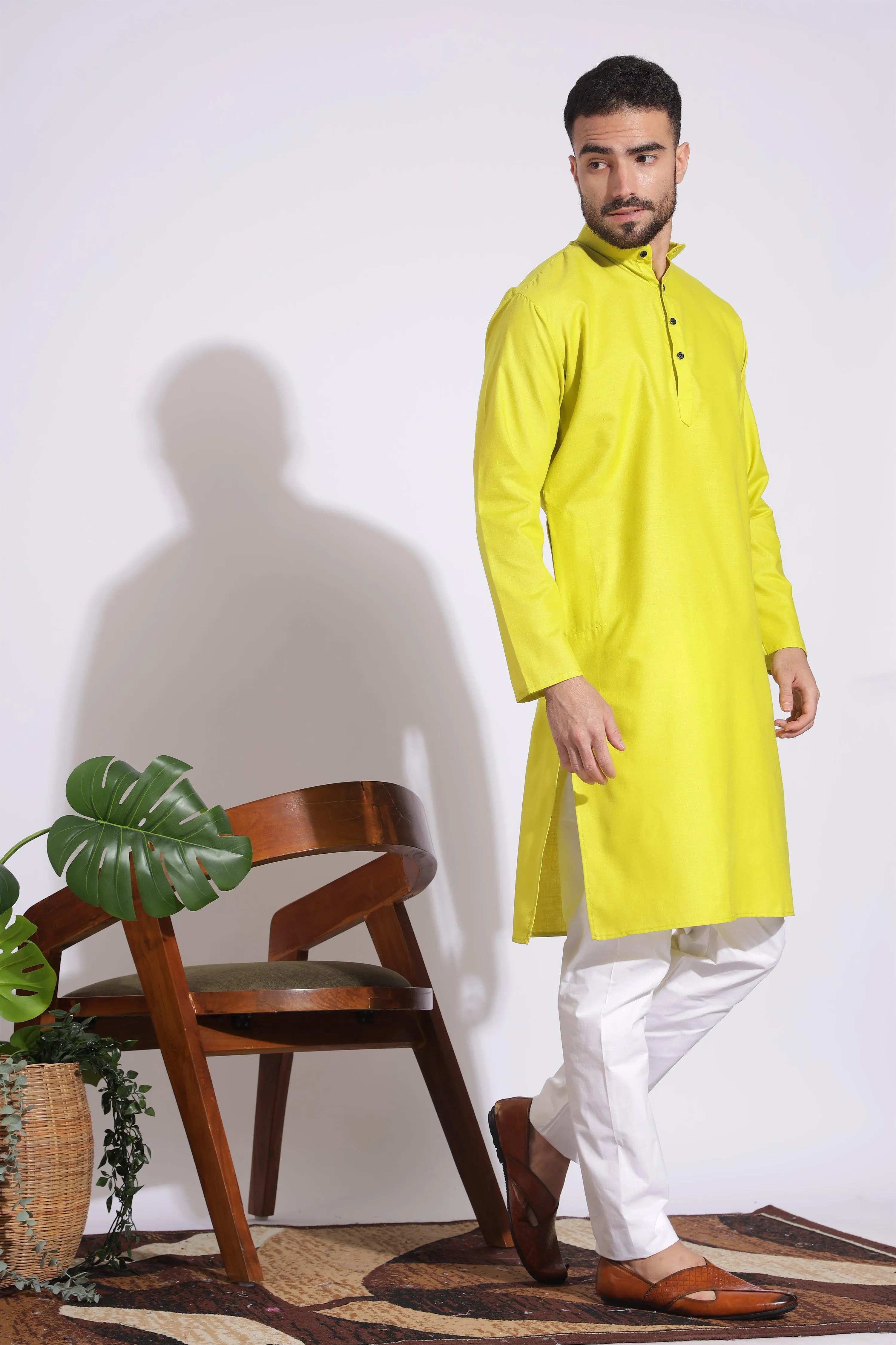 Elegant Plain Cotton Yellow Color Kurta