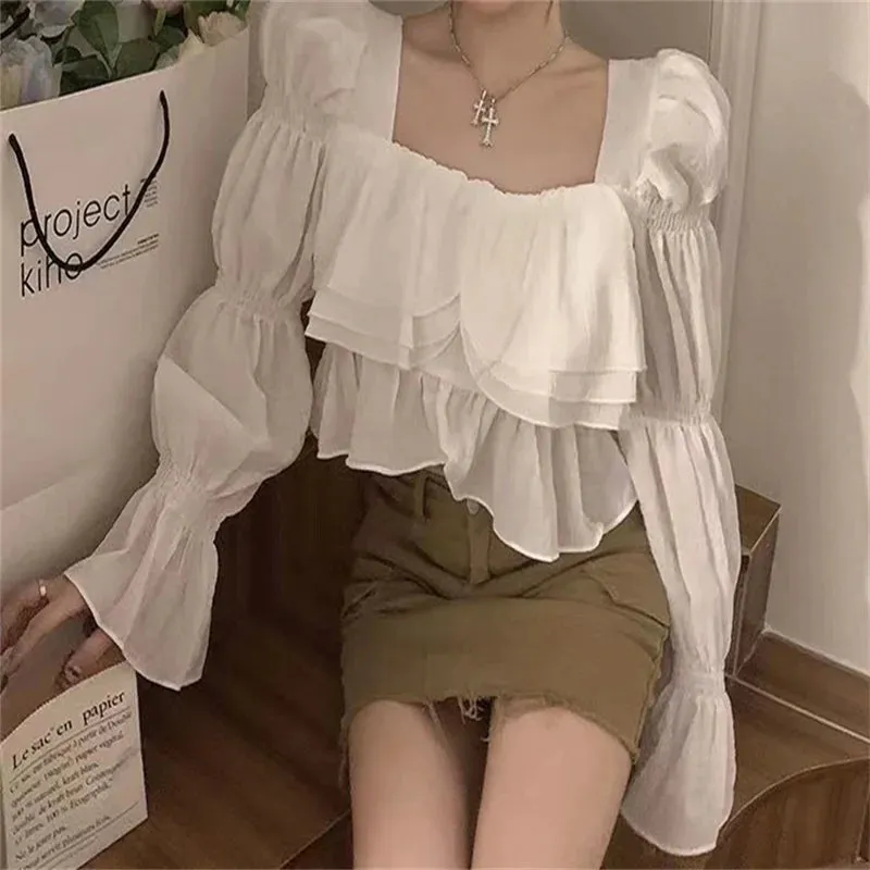 Elegant Purple Solid Sweet Korean Spring Crop Blouse