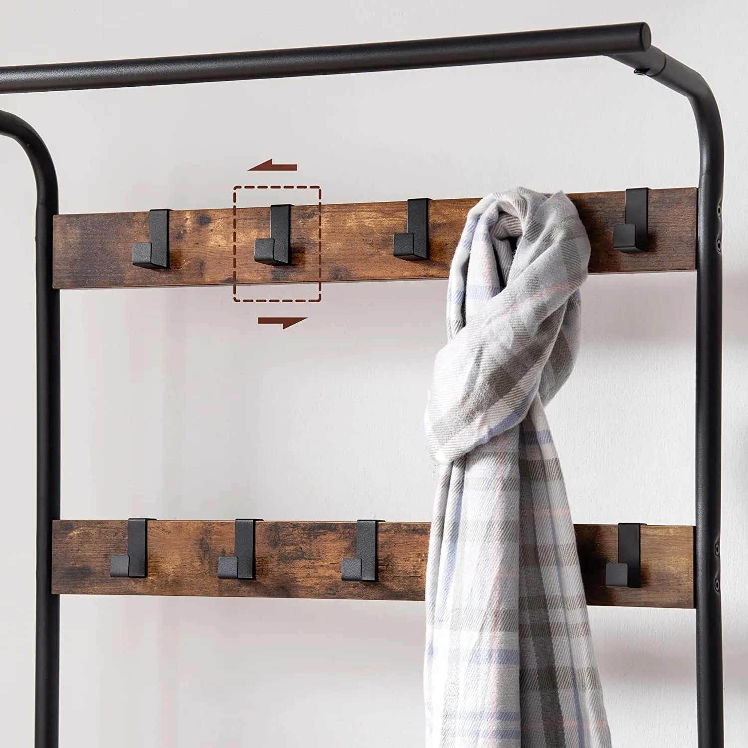 Industrial Coat Rack Shoe Bench with Hooks, Adjustable Feet