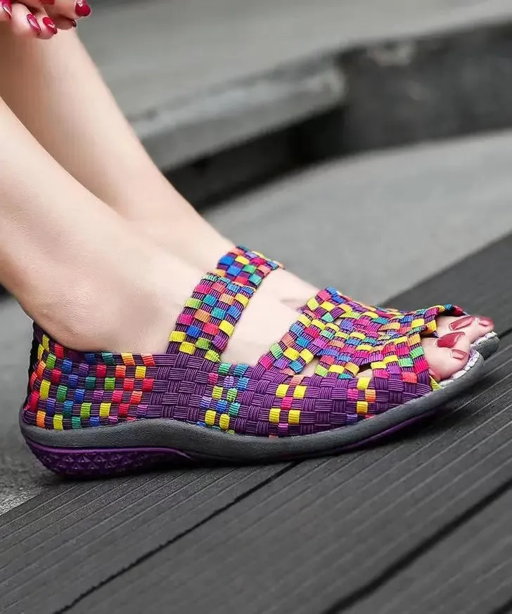 Knit Fabric Flat Shoes For Women Purple Splicing Peep Toe ML1025