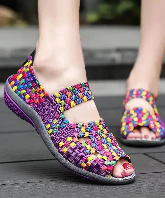 Knit Fabric Flat Shoes For Women Purple Splicing Peep Toe ML1025