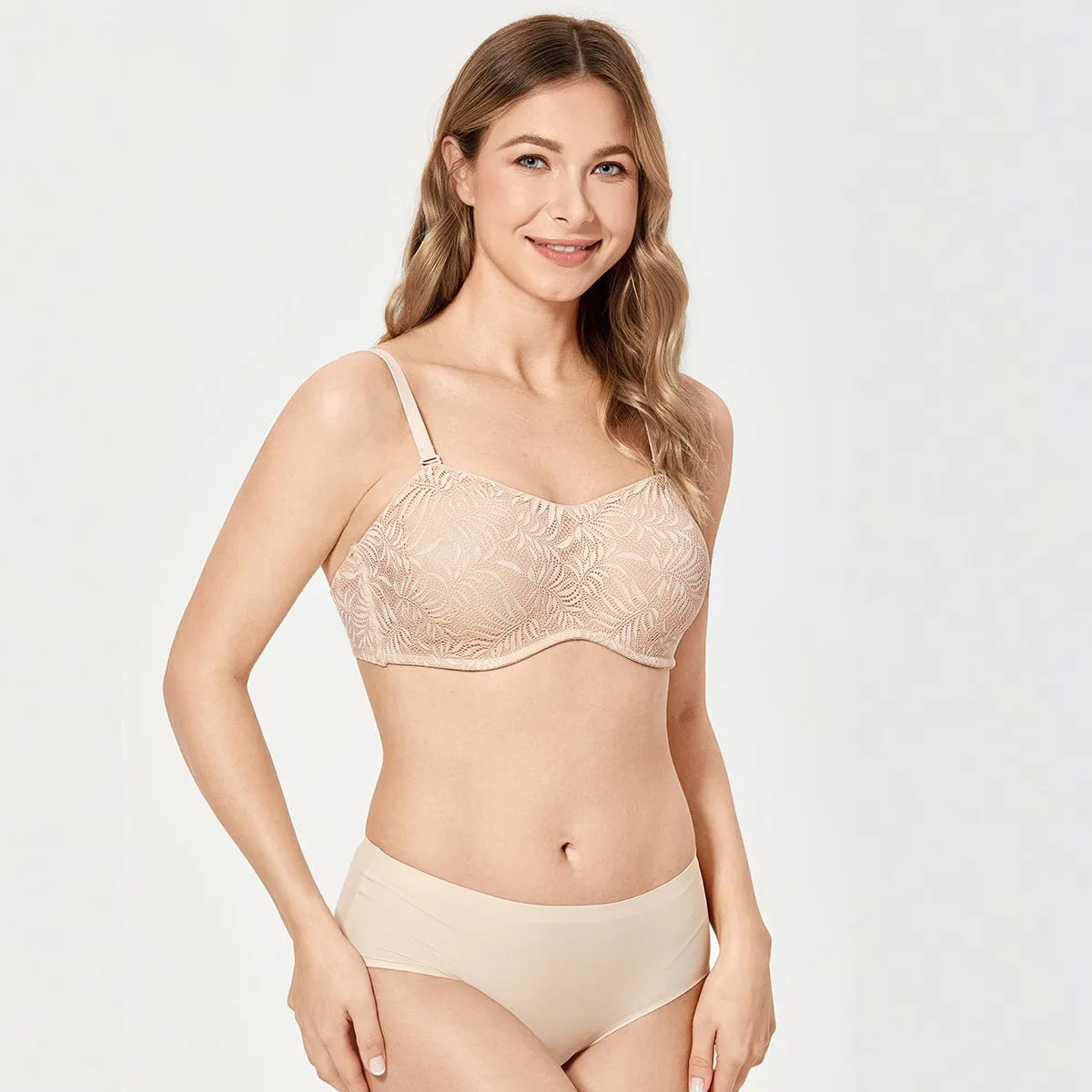 Lace Overlay Minimizer Underwire Beige Bra