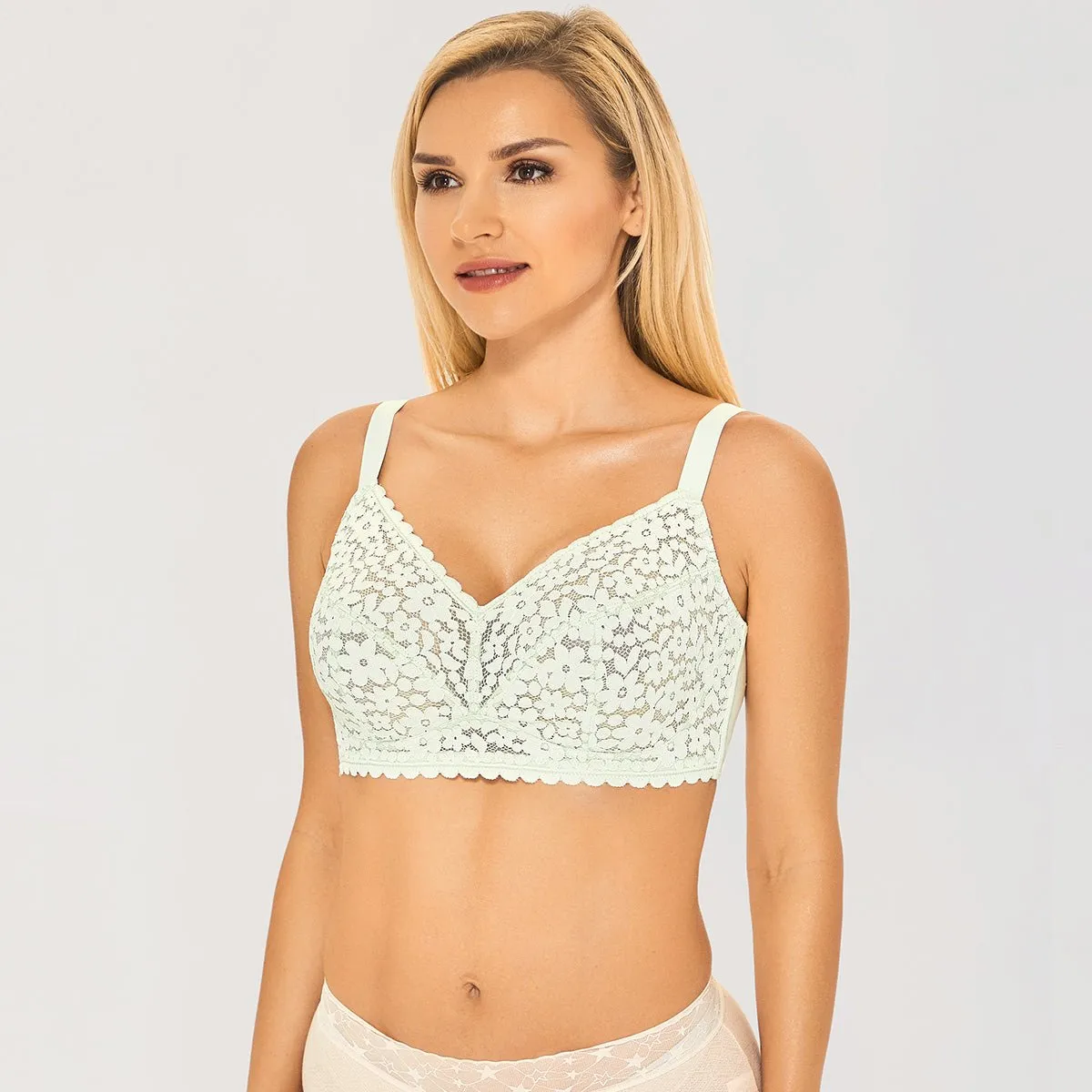 Long-day Wearing Minimizer Unlined Wireless Floral Lace Green Bra