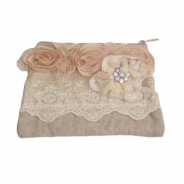 Miss Rose Sister Violet Linen & Lace Zippered Bag