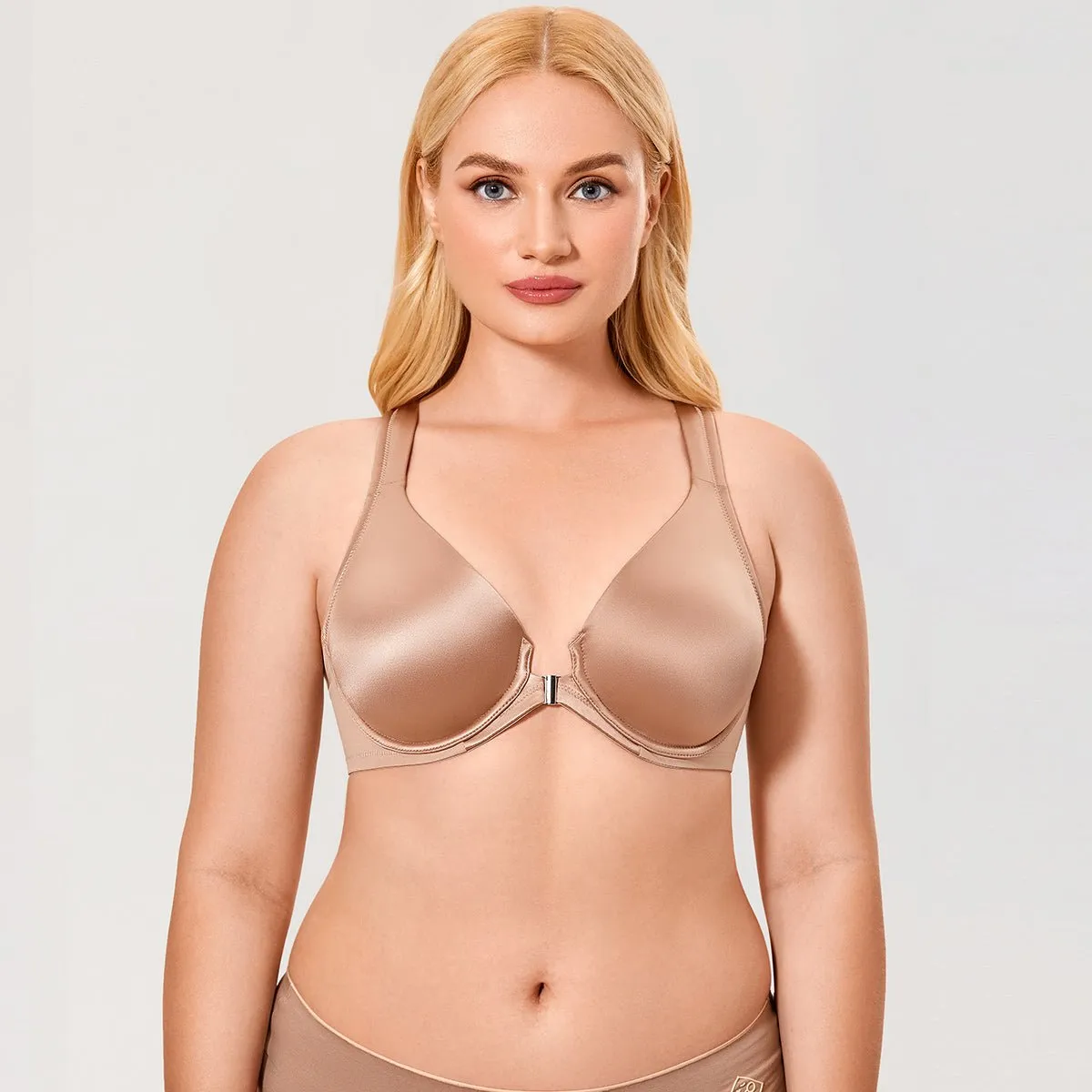 Natural Look Seamless Front Closure T-back Underwire Plunge Brown Bra