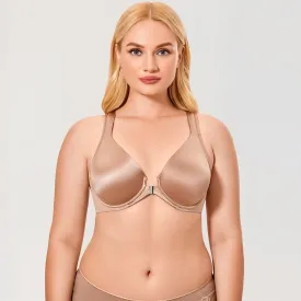 Natural Look Seamless Front Closure T-back Underwire Plunge Brown Bra