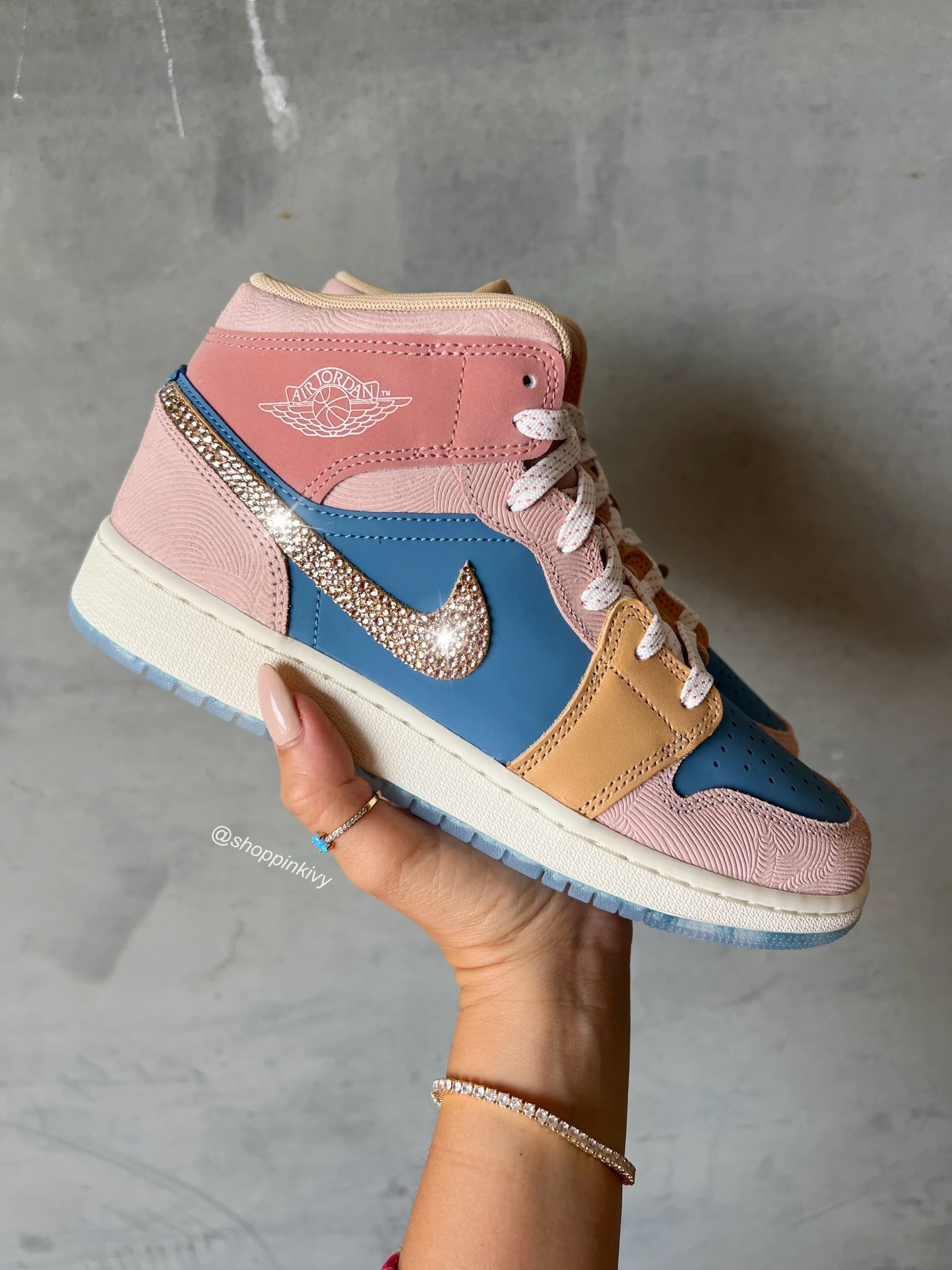 Neutral Pinks Blue Swarovski Air Jordan 1 Mid Shoes