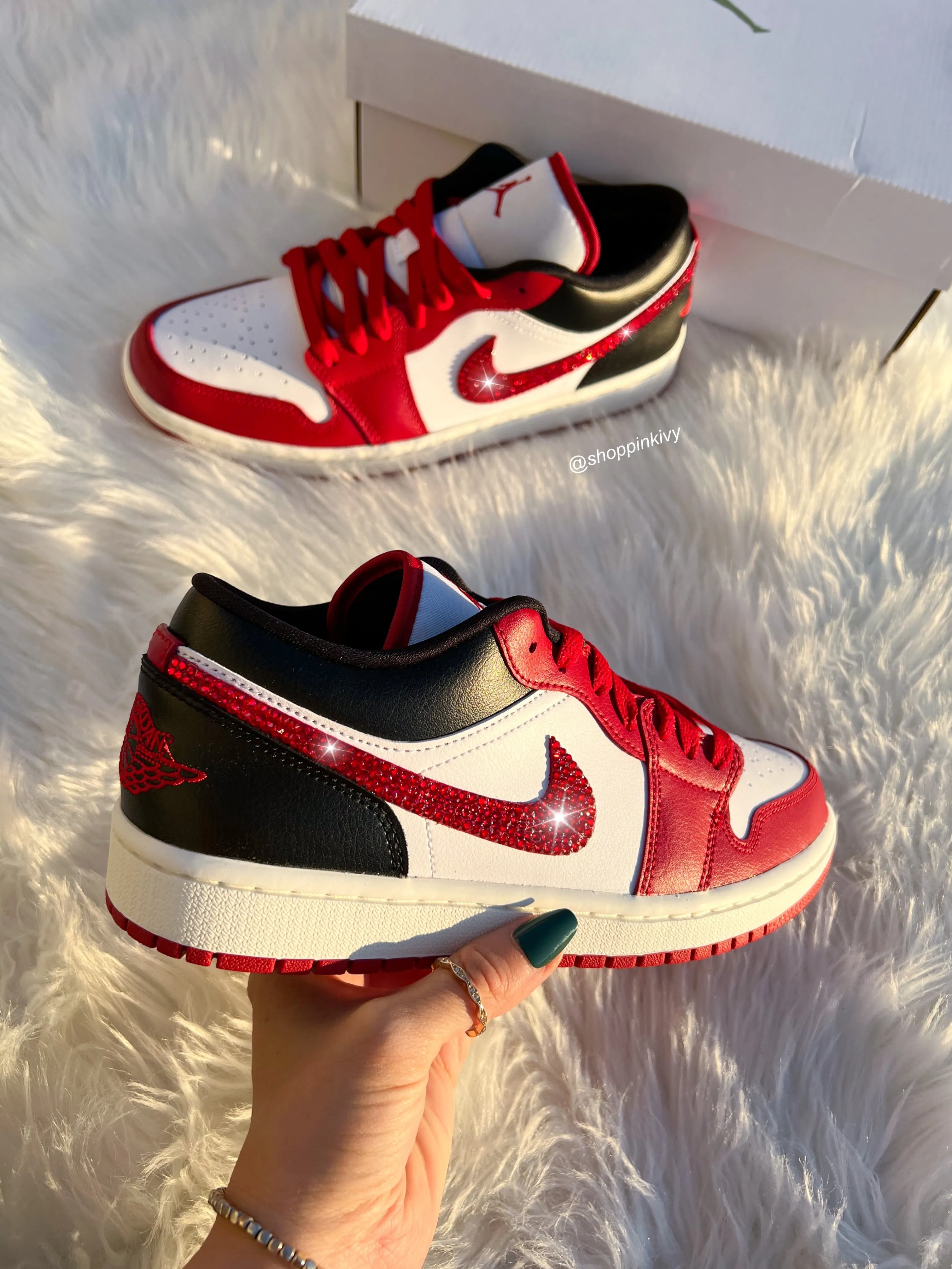 Red Swarovski Women’s Air Jordan Retro 1 Low Shoes